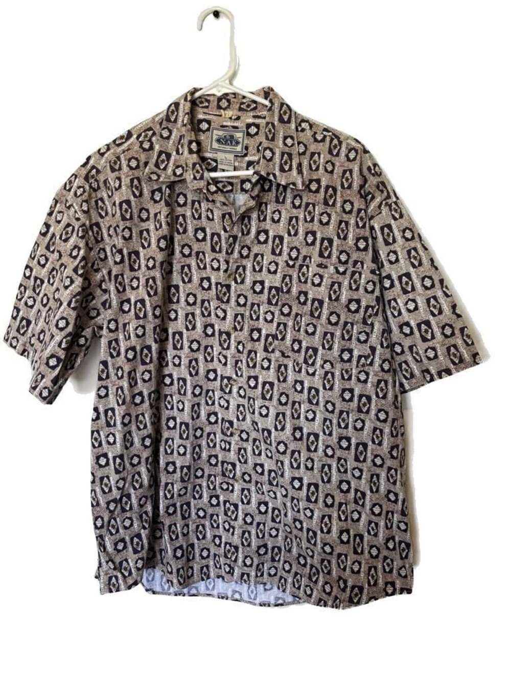 NAK Vintage Geometric Print Short Sleeve Cotton Button-Up Shirt